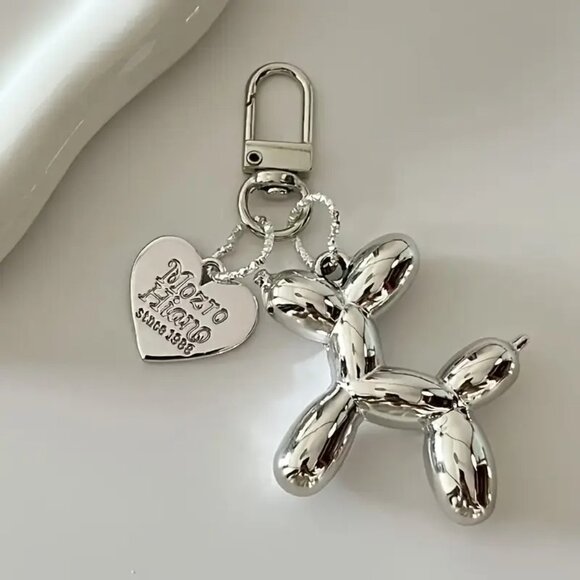 Set of 2 Cute Balloon Dog with ball & heart Charm Keychains Mirror - Picture 2 of 7